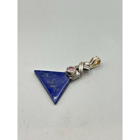 Triangle Blue Lapis Lazuli Sterling Silver Pendant with Pink Glass Stone - Picture 3 of 6
